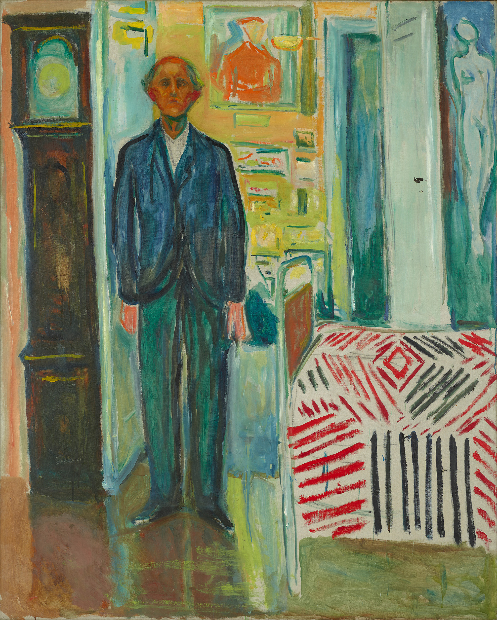 Edvard Munch Selvportrett. Mellom klokken og sengen (1940–42)
